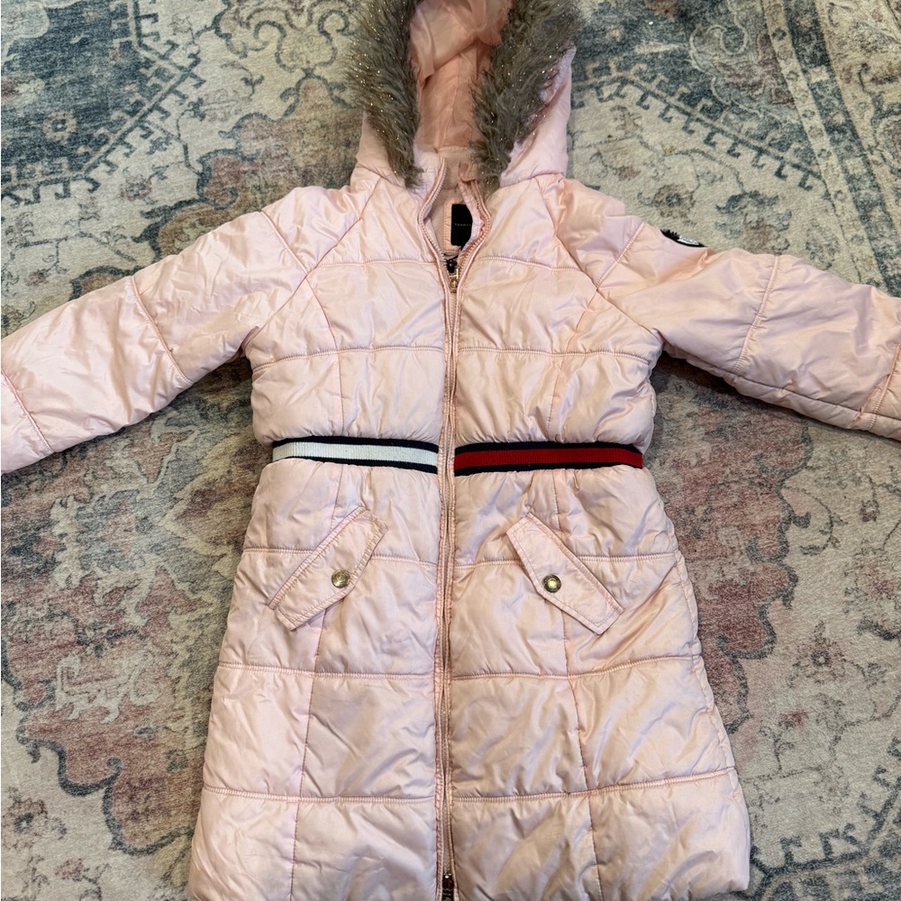 Tommy Hilfiger Light Pink Puffer Coat with Faux Fur Hood